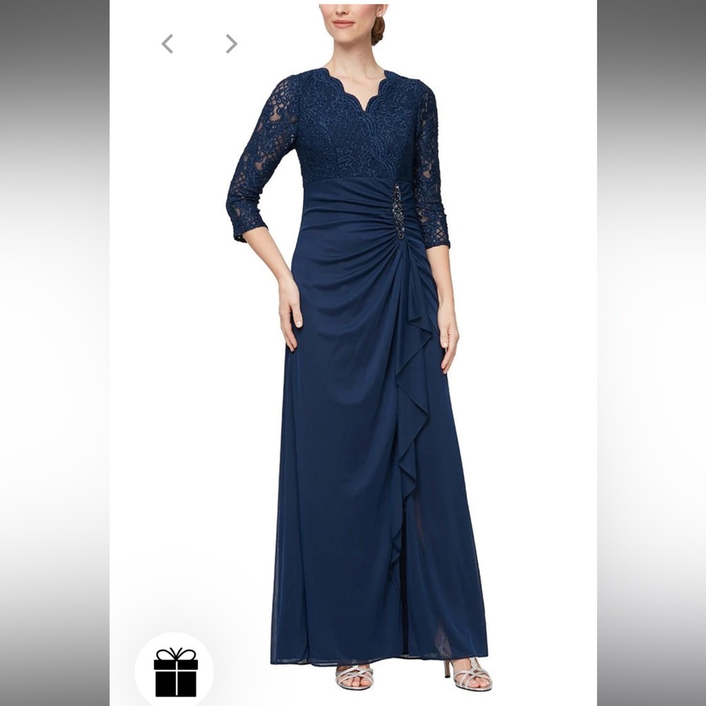 Alex Evenings Long A-Line Empire Waist Lace and Mesh dress